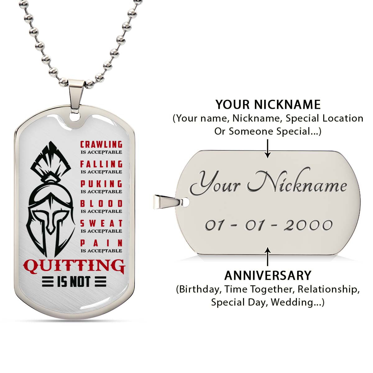 Warrior - WADL010 - Quitting Is Not - Sparta - Spartan - Warrior Dog Tag - Military Ball Chain - Luxury Dog Tag