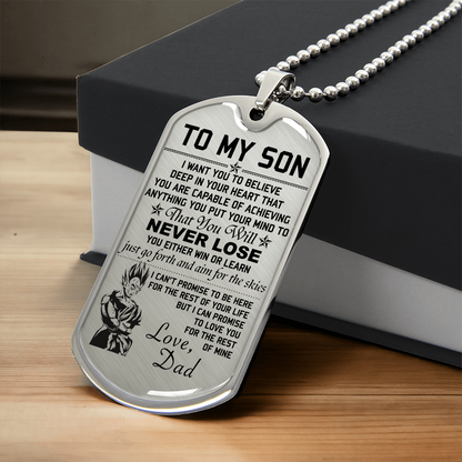 Dragon Ball - Dad To Son - Never Lose - Vegeta & Trunks - Dragon Ball Dog Tag - Military Ball Chain - Luxury Dog Tag