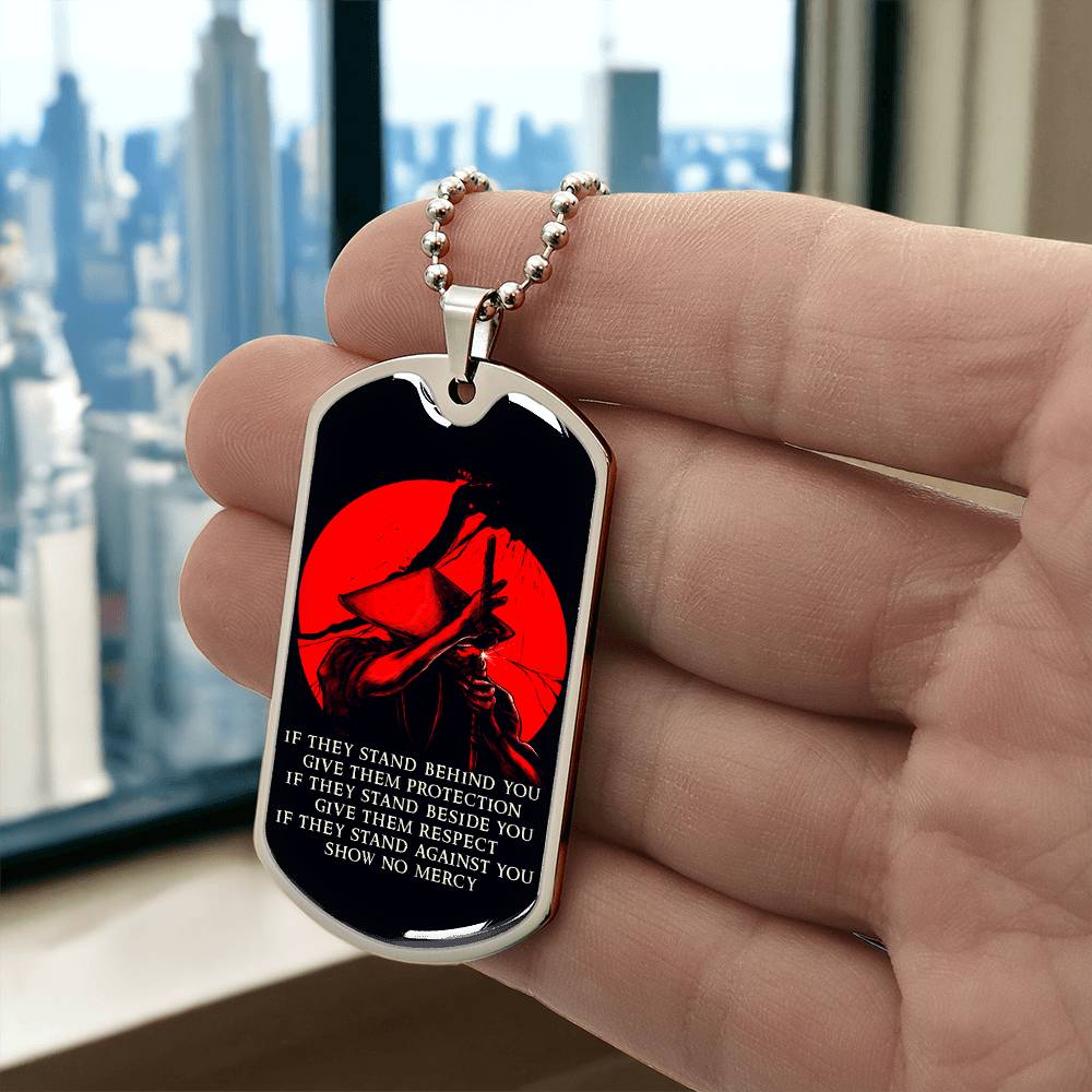samurai - if - show no mercy - bushido - katana - ronin - black dog tag - samurai dog tag - military ball chain - luxury dog tag