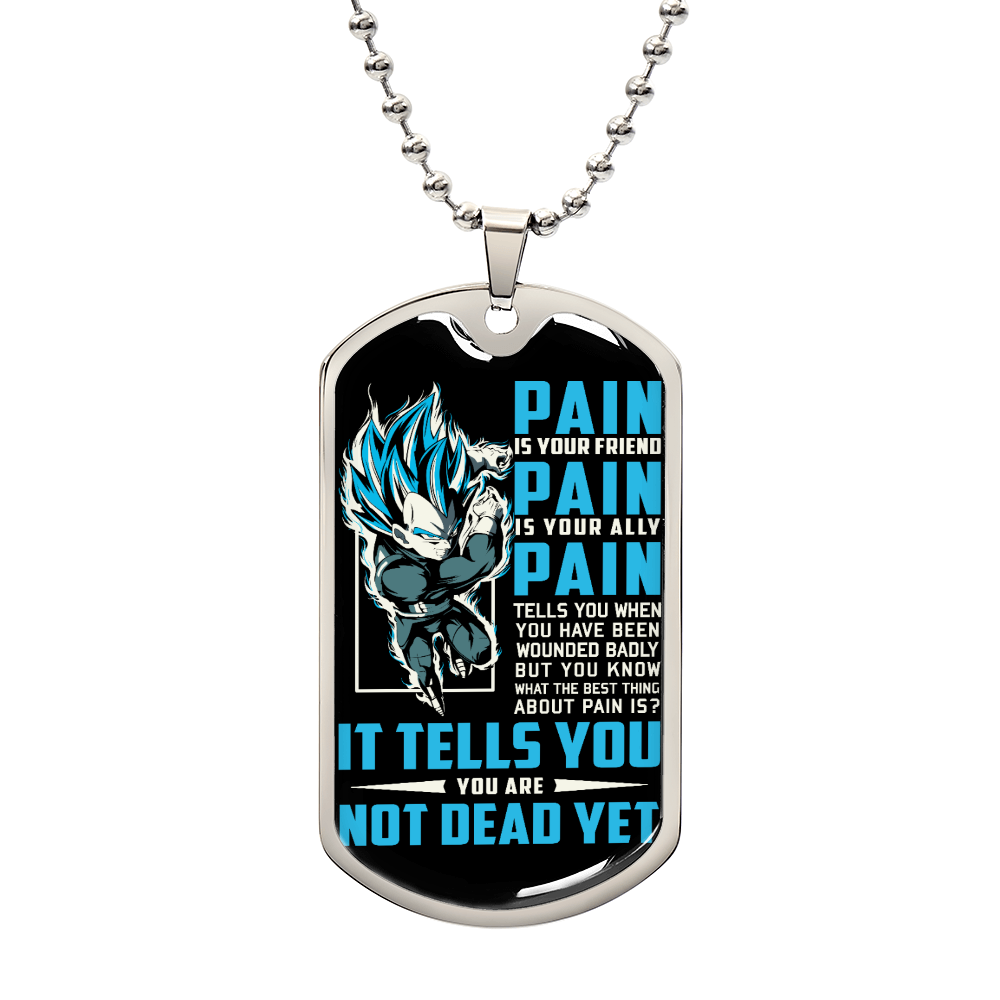 Dragon Ball - PAIN - You Are Not Dead Yet - Vegeta - Supper Saiyan Blue - Black Dog Tag - Dragon Ball Dog Tag - Military Ball Chain - Luxury Dog Tag