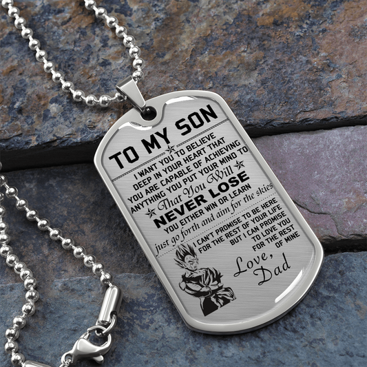 Dragon Ball - Dad To Son - Never Lose - Vegeta & Trunks - Dragon Ball Dog Tag - Military Ball Chain - Luxury Dog Tag