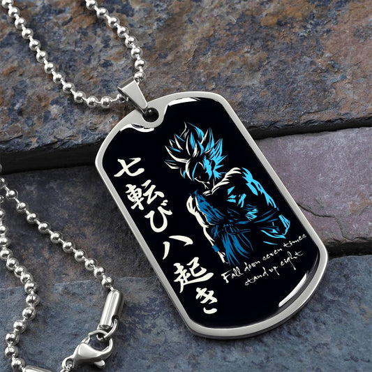 Dragon Ball - Fall Down Seven Times Stand Up Eight - Goku - Supper Saiyan Blue - Black Dog Tag - Dragon Ball Dog Tag - Military Ball Chain - Luxury Dog Tag