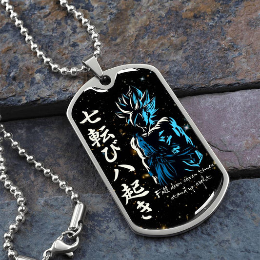 Dragon Ball - Fall Down Seven Times Stand Up Eight - Goku - Supper Saiyan Blue - Galaxy - Black Dog Tag - Dragon Ball Dog Tag - Military Ball Chain - Luxury Dog Tag