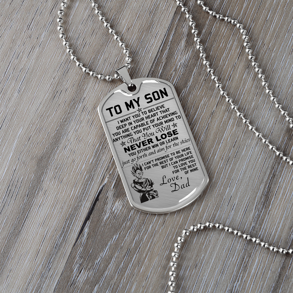 Dragon Ball - Dad To Son - Never Lose - Vegeta & Trunks - Dragon Ball Dog Tag - Military Ball Chain - Luxury Dog Tag