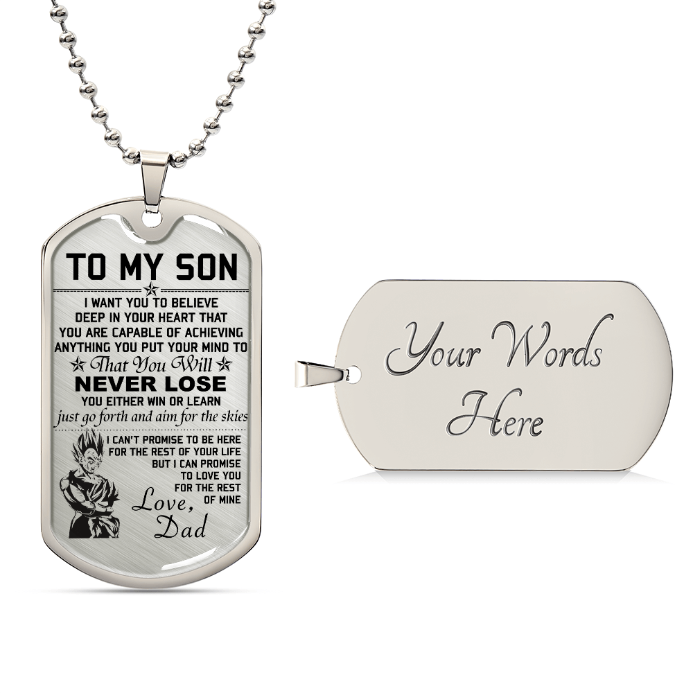 Dragon Ball - Dad To Son - Never Lose - Vegeta & Trunks - Dragon Ball Dog Tag - Military Ball Chain - Luxury Dog Tag
