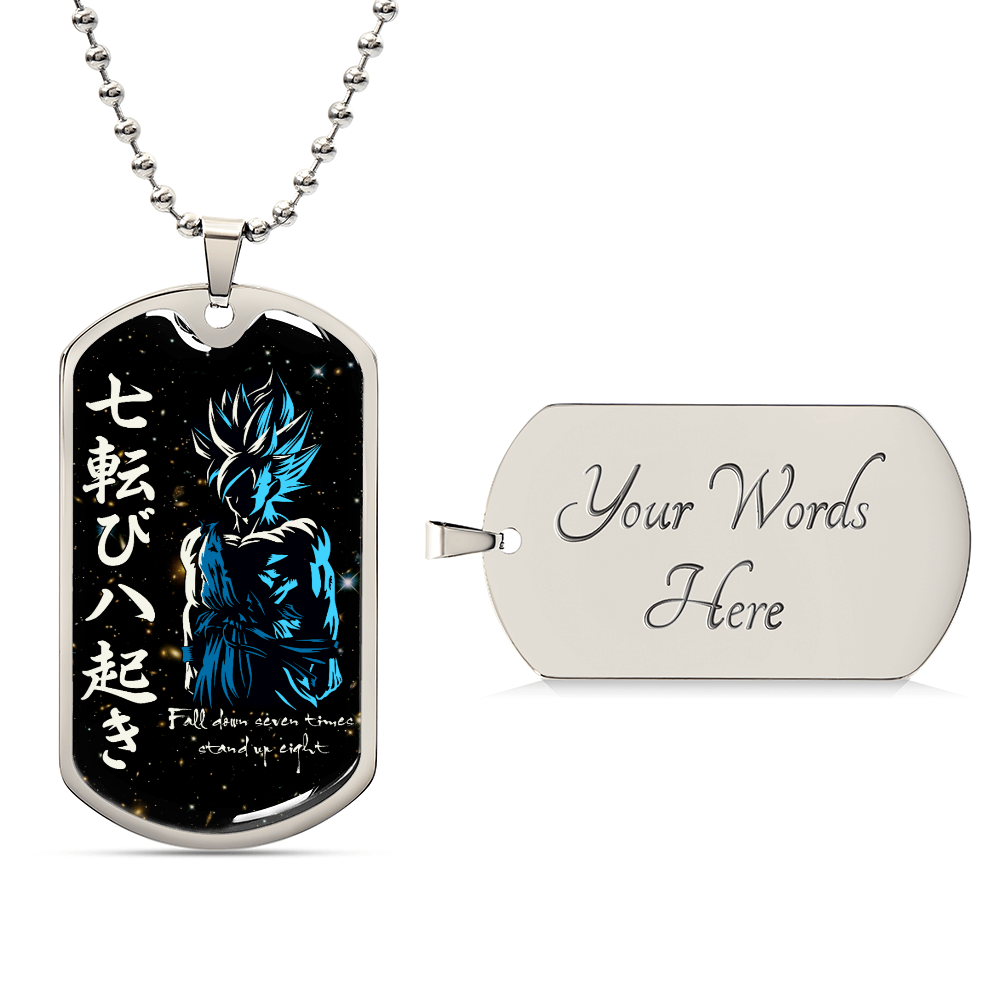 Dragon Ball - Fall Down Seven Times Stand Up Eight - Goku - Supper Saiyan Blue - Galaxy - Black Dog Tag - Dragon Ball Dog Tag - Military Ball Chain - Luxury Dog Tag