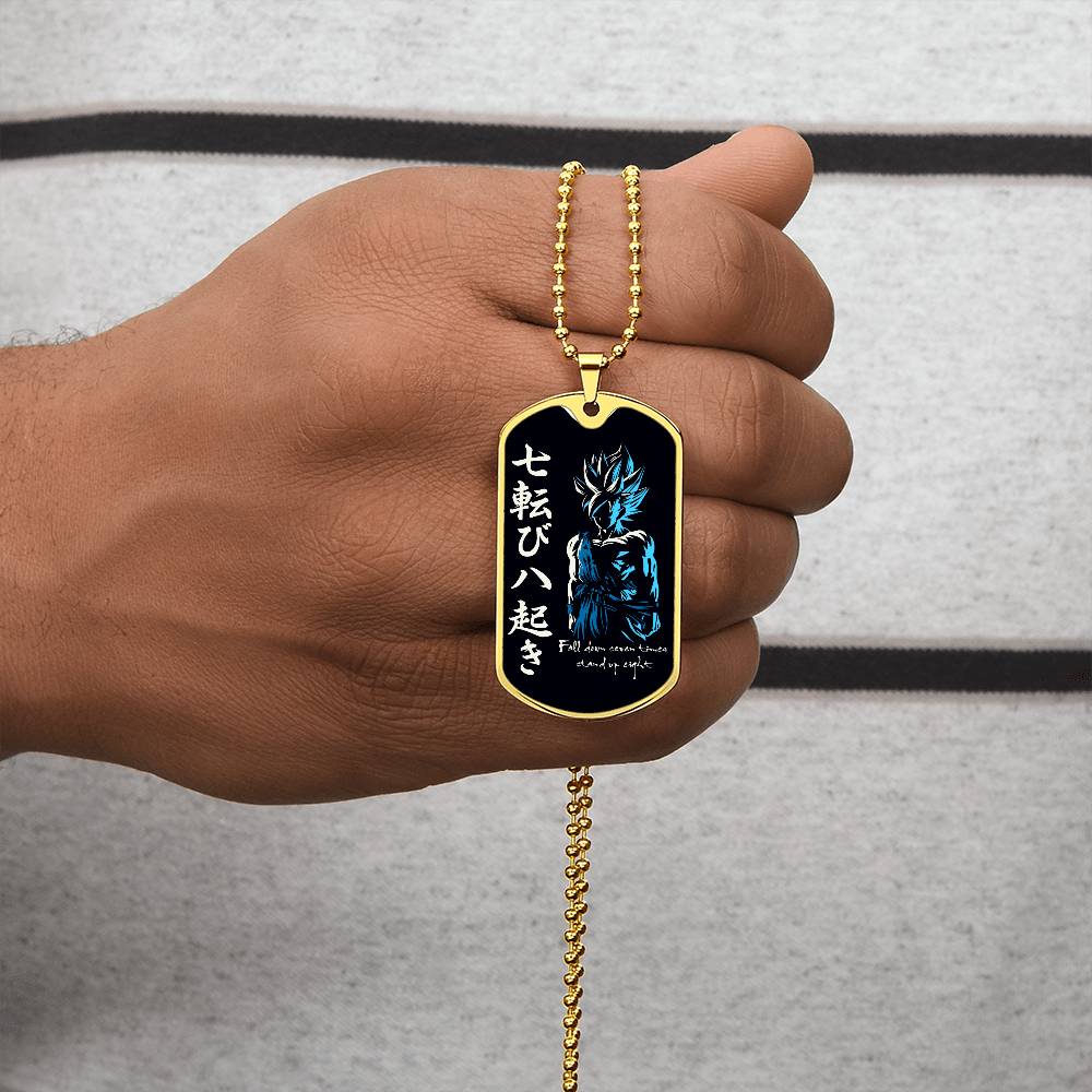 Dragon Ball - Fall Down Seven Times Stand Up Eight - Goku - Supper Saiyan Blue - Black Dog Tag - Dragon Ball Dog Tag - Military Ball Chain - Luxury Dog Tag