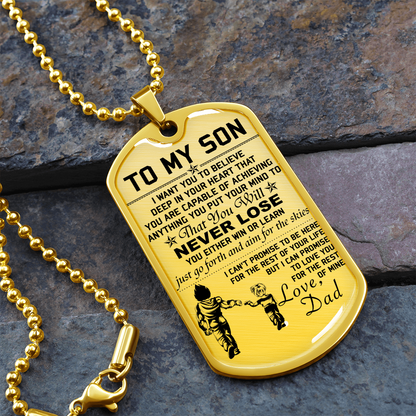 Dragon Ball - Dad To Son - Never Lose - Vegeta - Trunks - Dragon Ball Dog Tag - Military Ball Chain - Luxury Dog Tag