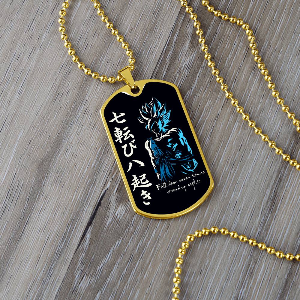 Dragon Ball - Fall Down Seven Times Stand Up Eight - Goku - Supper Saiyan Blue - Black Dog Tag - Dragon Ball Dog Tag - Military Ball Chain - Luxury Dog Tag