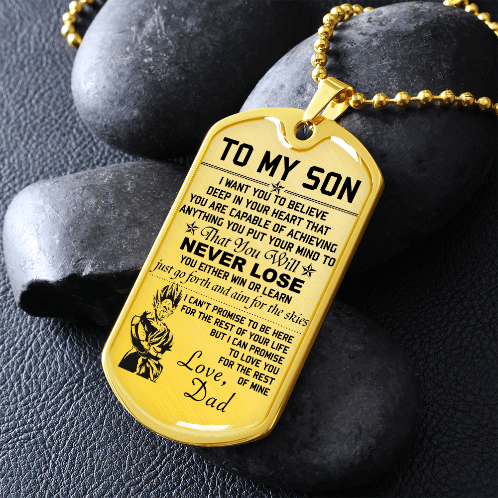 Dragon Ball - Dad To Son - Never Lose - Vegeta & Trunks - Dragon Ball Dog Tag - Military Ball Chain - Luxury Dog Tag