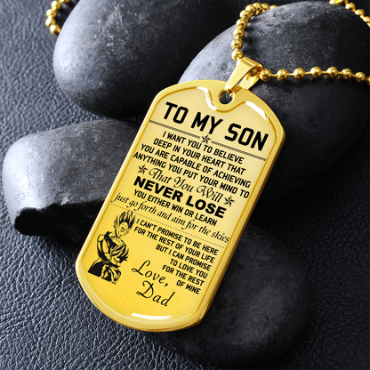 Dragon Ball - Dad To Son - Never Lose - Vegeta & Trunks - Dragon Ball Dog Tag - Military Ball Chain - Luxury Dog Tag