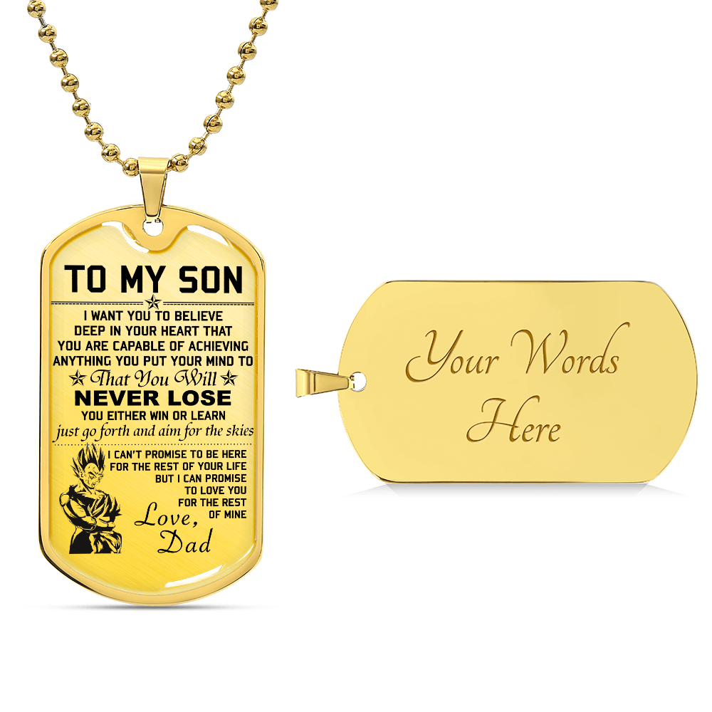 Dragon Ball - Dad To Son - Never Lose - Vegeta & Trunks - Dragon Ball Dog Tag - Military Ball Chain - Luxury Dog Tag