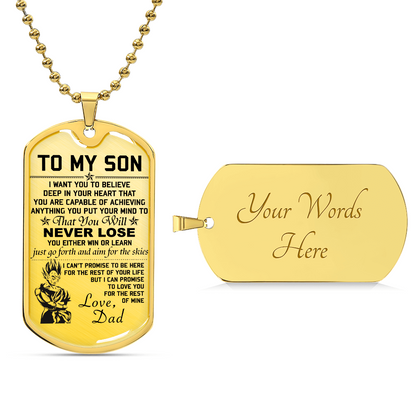 Dragon Ball - Dad To Son - Never Lose - Vegeta & Trunks - Dragon Ball Dog Tag - Military Ball Chain - Luxury Dog Tag