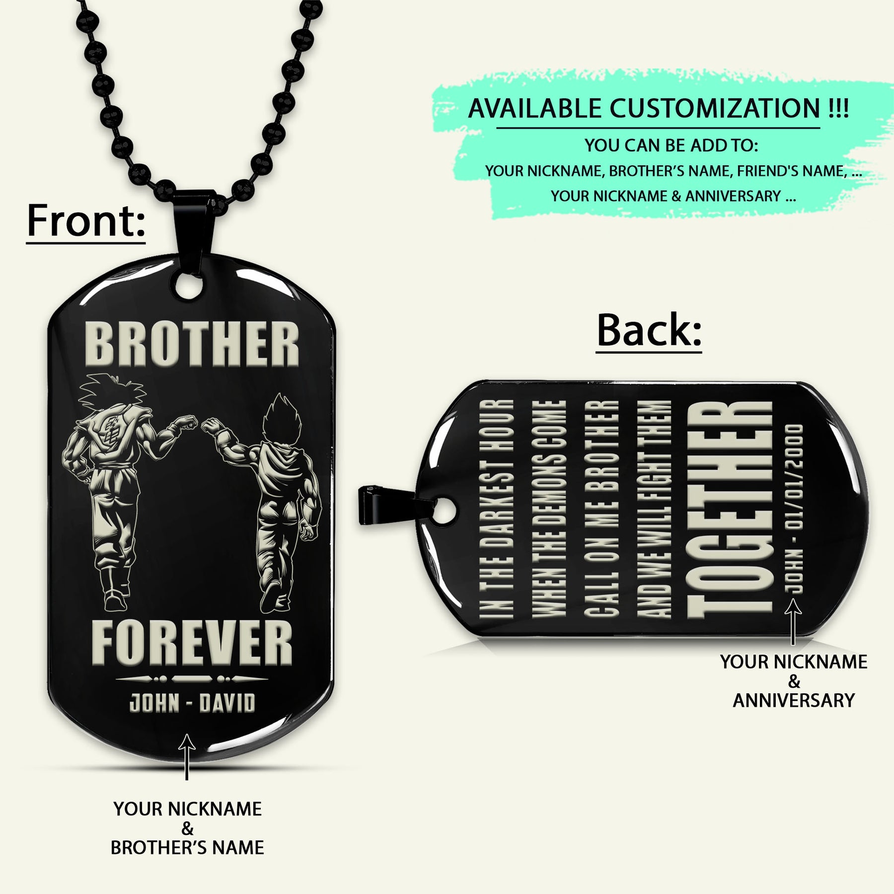 DRD028 - Call On Me Brother - Brother Forever - Goku - Vegeta - Dragon Ball - Engrave Double Black Dog Tag