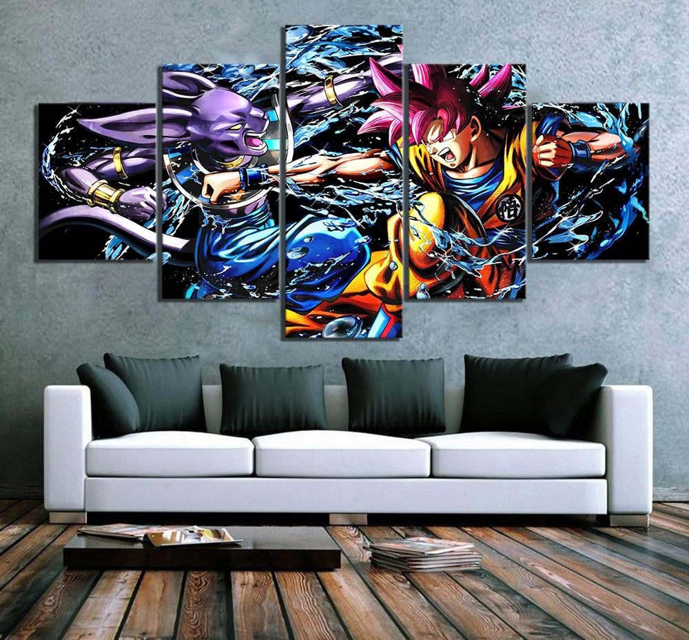 Dragon Ball - 5 Pieces Wall Art - Beerus - Goku Super Saiyan God - Fight - Printed Wall Pictures Home Decor - Dragon Ball Poster - Dragon Ball Canvas
