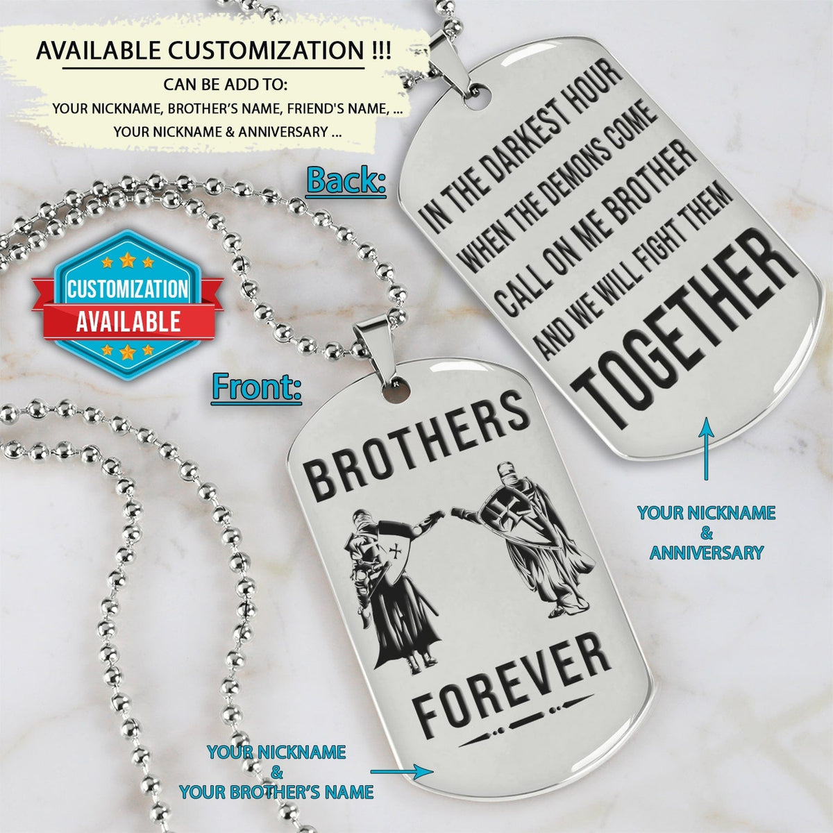 KTD024 - Brothers Forever - Call On Me Brother - Knights Templar - Silver Double-Sided Dog Tag