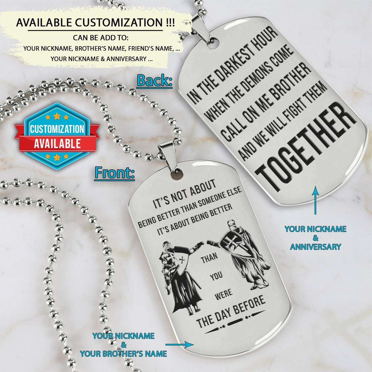 KTD030 - Call On Me Brother - It's About Being Better Than You Were The Day Before - Knights Templar - Silver Double-Sided Dog Tag