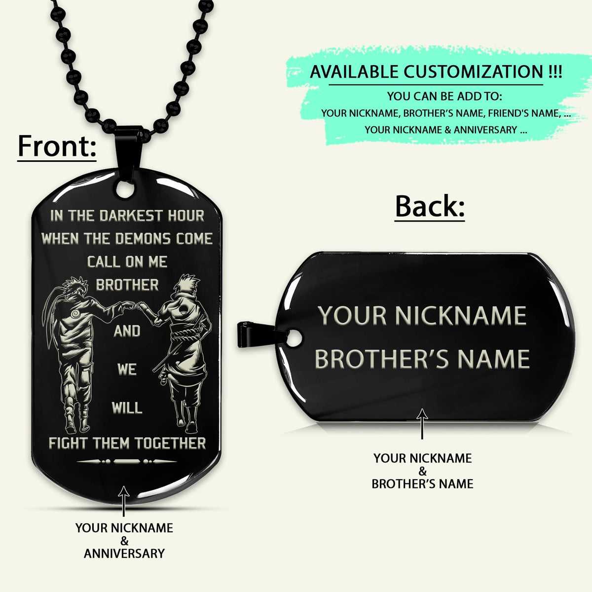 NAD004 - Call On Me Brother - English - Naruto - Sasuke - Engrave Black Dog Tag