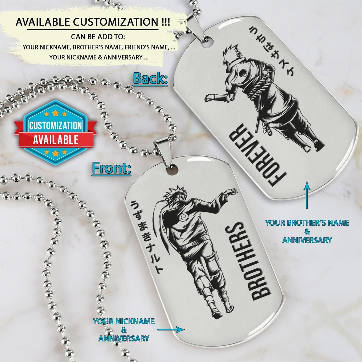 NAD030 - Brothers Forever - Uzumaki Naruto - Uchiha Sasuke - Naruto Dog Tag - Double Sided Engrave Silver Dog Tag