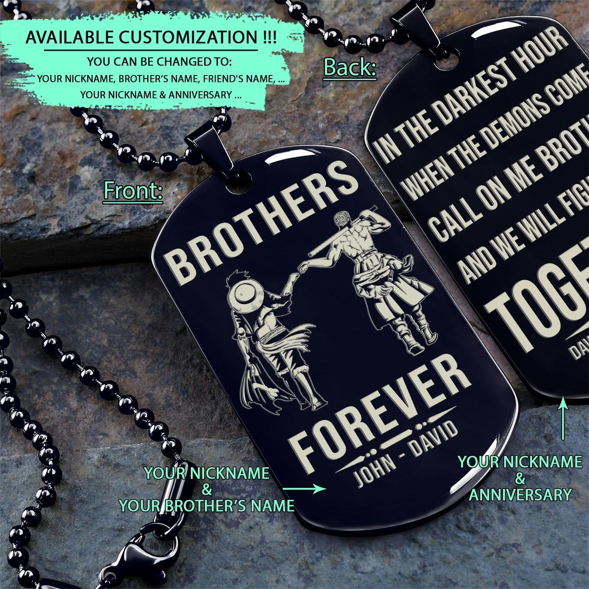 OPD035 - Brothers Forever - Call On Me Brother - Monkey D. Luffy - Roronoa Zoro - One Piece Dog Tag - Double Sided Engrave Black Dog Tag