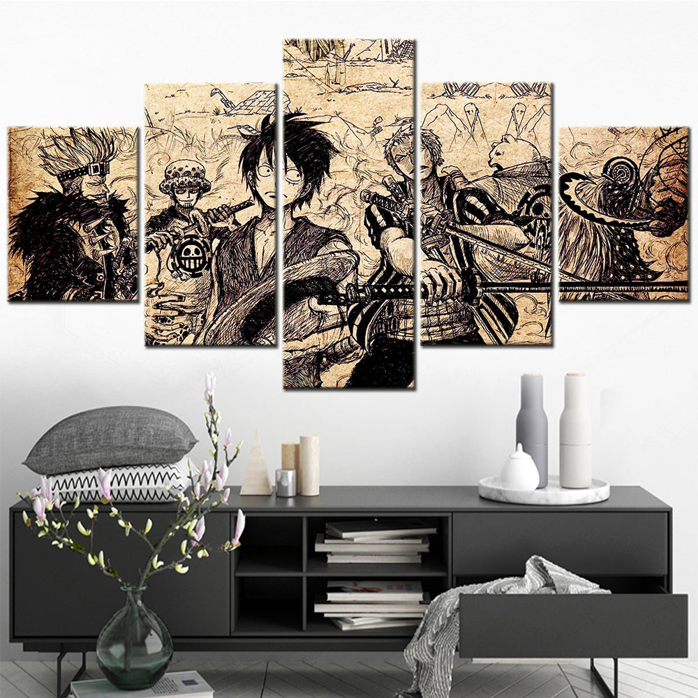one piece - 5 pieces wall art - monkey d. luffy - roronoa zoro - eustass kid - trafalgar d. water law - printed wall pictures home decor - one piece poster - one piece canvas