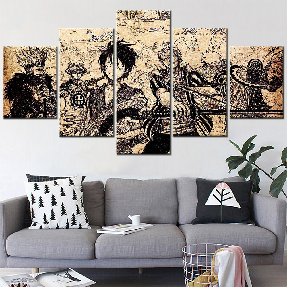 one piece - 5 pieces wall art - monkey d. luffy - roronoa zoro - eustass kid - trafalgar d. water law - printed wall pictures home decor - one piece poster - one piece canvas