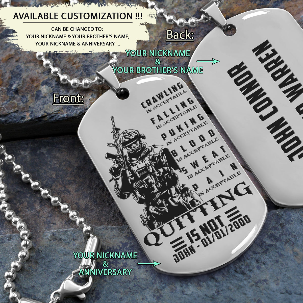 SDD019 - Quitting Is Not - Soldier Dog Tag - Engrave Silver Dog Tag