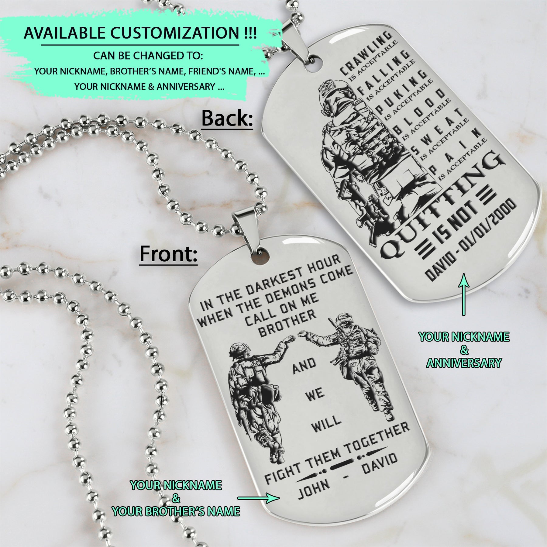 SDD026 - Call On Me Brother - English - Quitting Is Not - Slodier Dog Tag - Engrave Double Silver Dog Tag