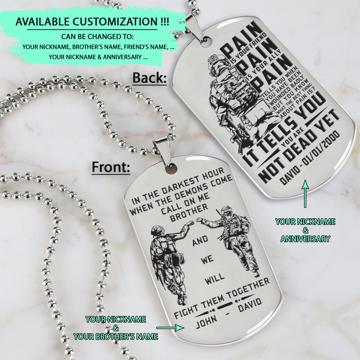 SDD027 - Call On Me Brother - English - PAIN - It Tell You - You Are Not Dead Yet - Soldier Dog Tag - Engrave Double Silver Dog Tag