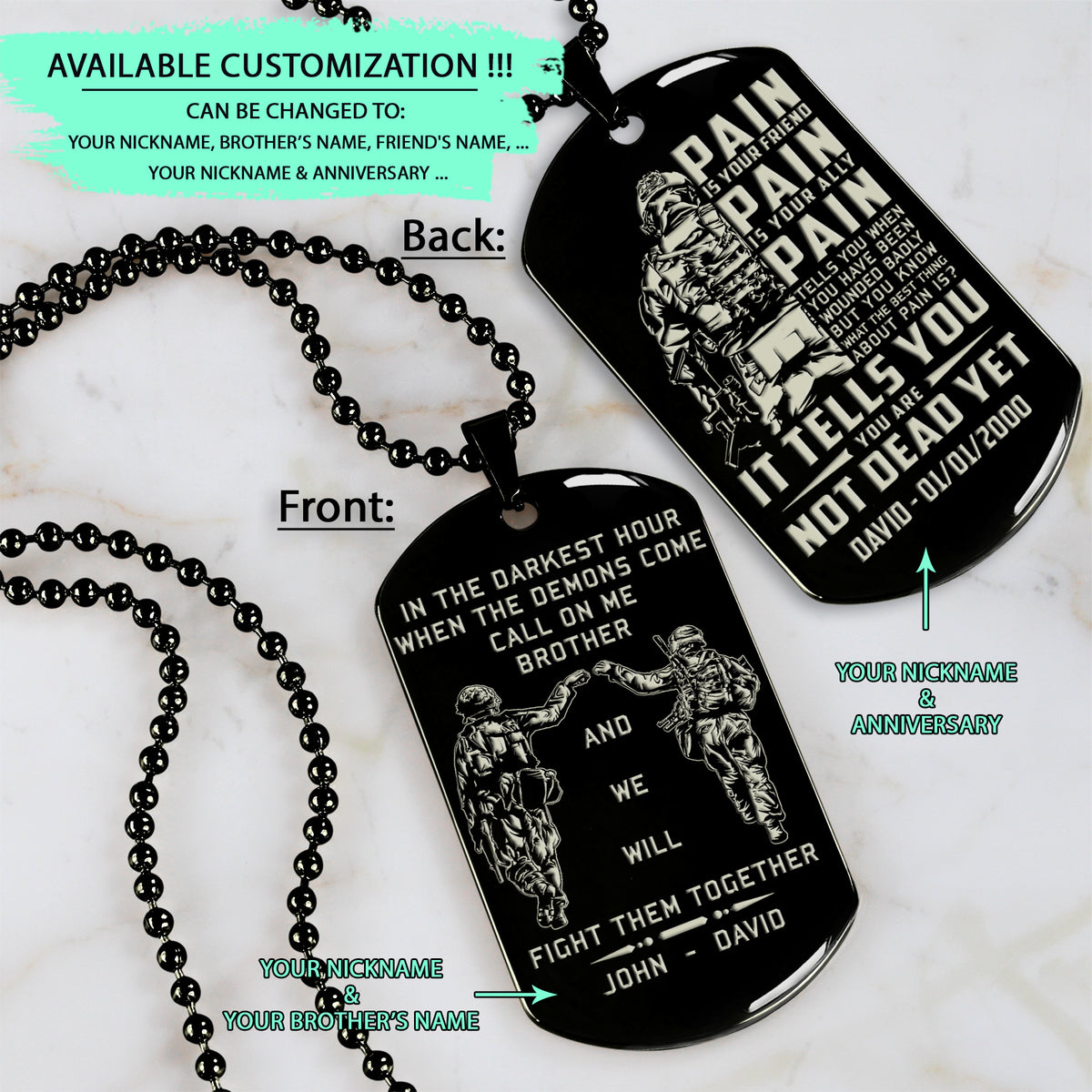 SDD028 - Call On Me Brother - English - PAIN - It Tell You - You Are Not Dead Yet - Slodier Dog Tag - Engrave Double Black Dog Tag