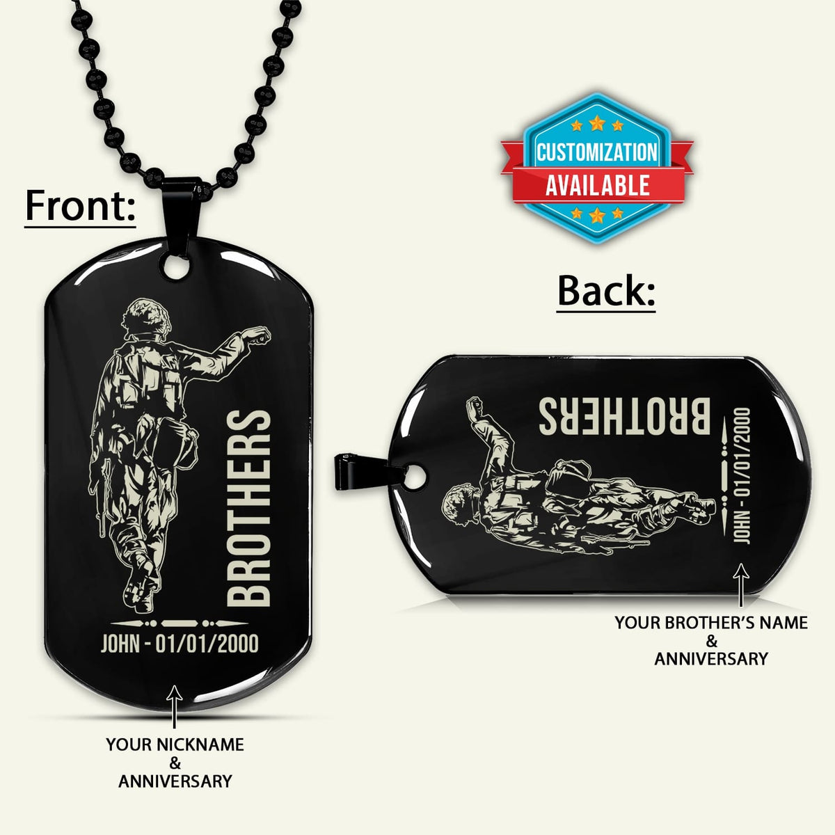 SDD041 - Brothers Forever - Army - Marine - Soldier Dog Tag - Black Double-Sided Dog Tag