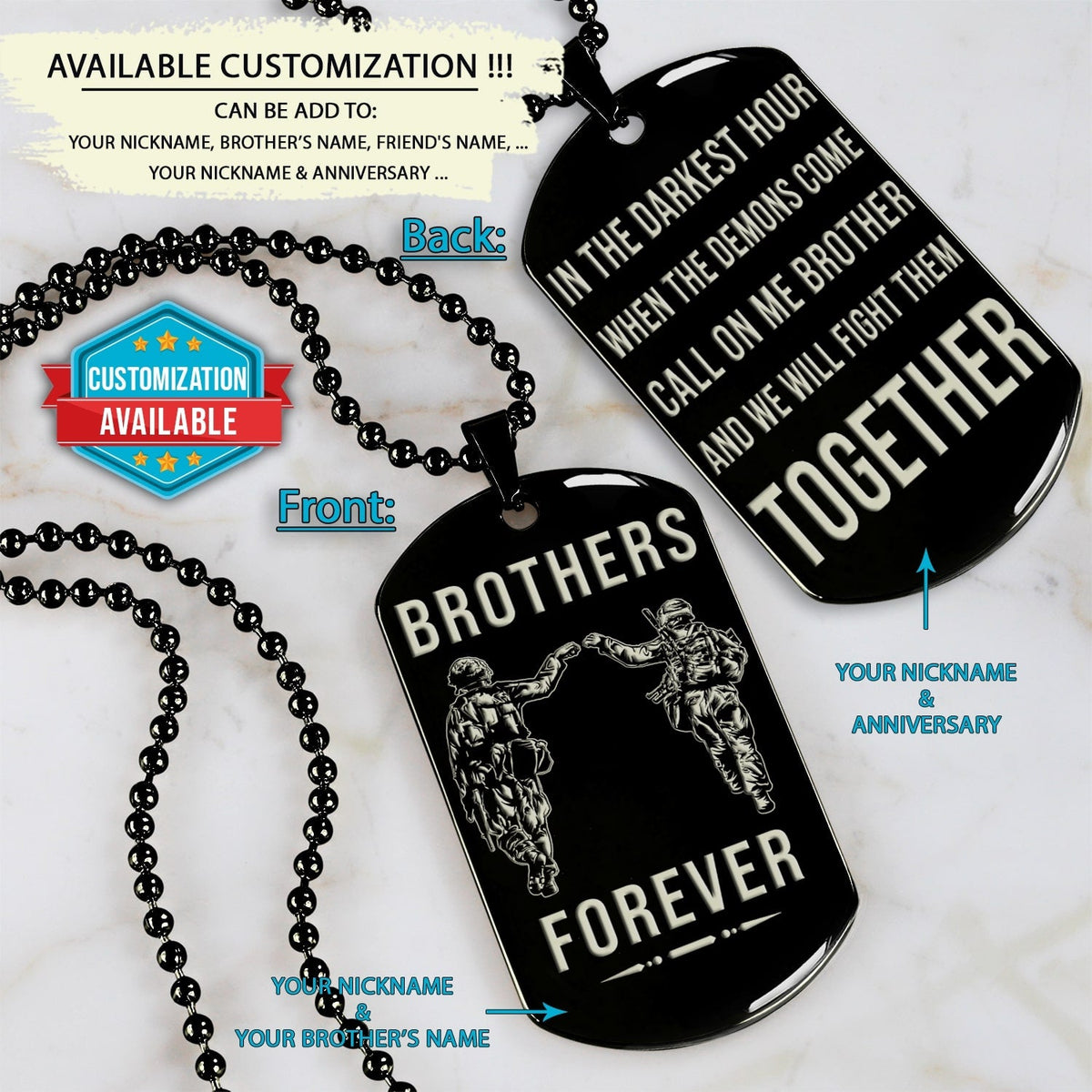 SDD045 - Brothers Forever - Call On Me Brother - Army - Marine - Soldier Dog Tag - Black Double-Sided Dog Tag